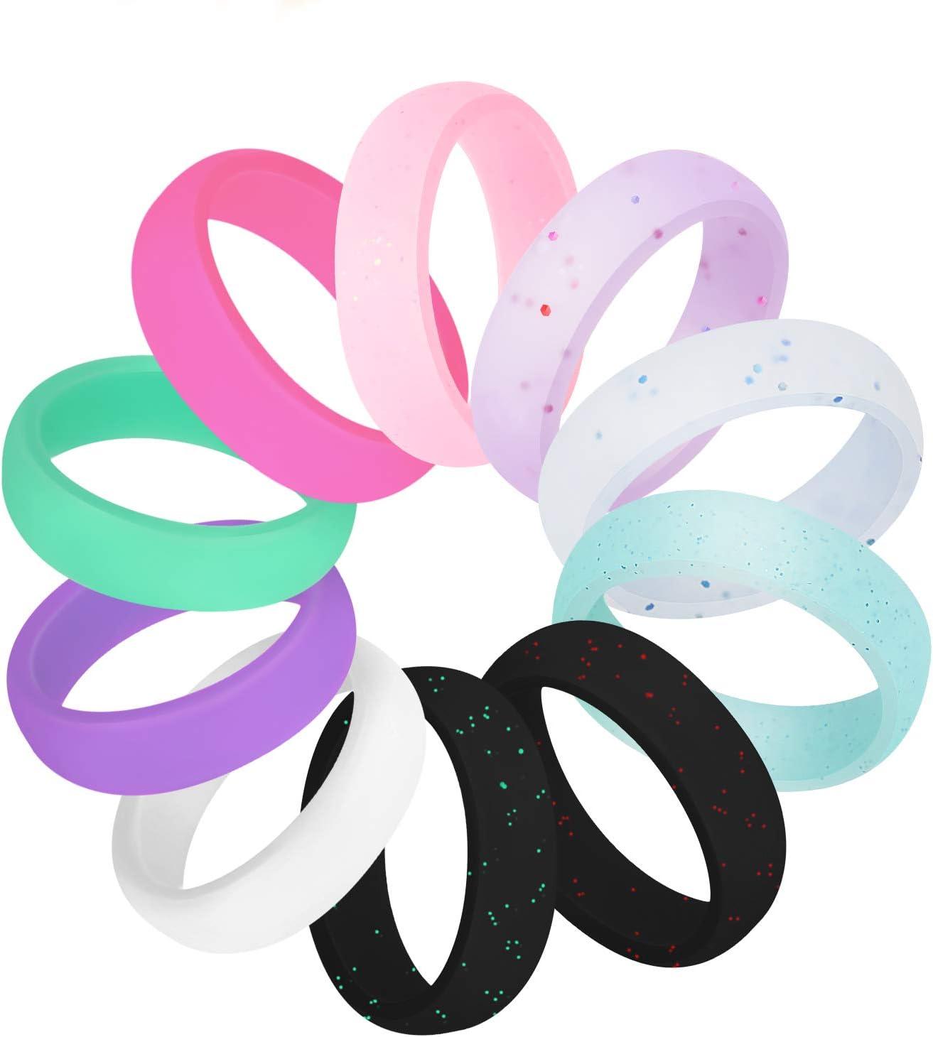 COOLOO 10 Pack Silicone Wedding Ring for Women, Premium Wedding Bands Thin and Stackable Durable Comfortable Rubber Rings, Black White Pink Silver