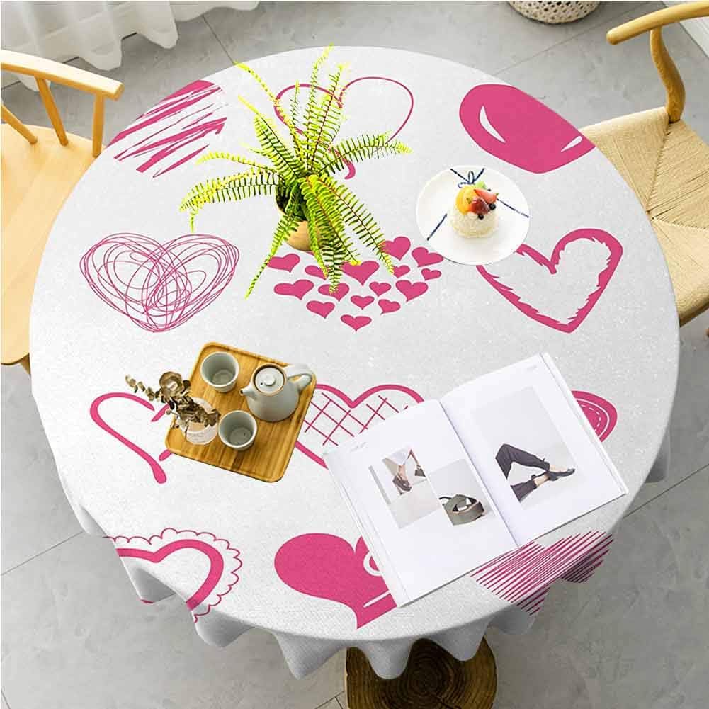 Pink and White Premium Round Tablecloth Cute Doodle Hearts with Different Patterns and Designs in Love Sketch Polyester Spill-Proof Water Repellent for Dining, Kitchen and Parties, 70" Round