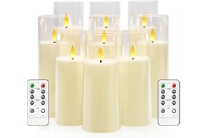 kakoya Flickering Flameless Candles Battery Operated with Remote and 2/4/6/8 H Timer Plexiglass Led Pillar Candles Pack of 9 (D2.3"xH 6"7"8")with Realistic Moving Wick Candles for Home Decor(Ivory)