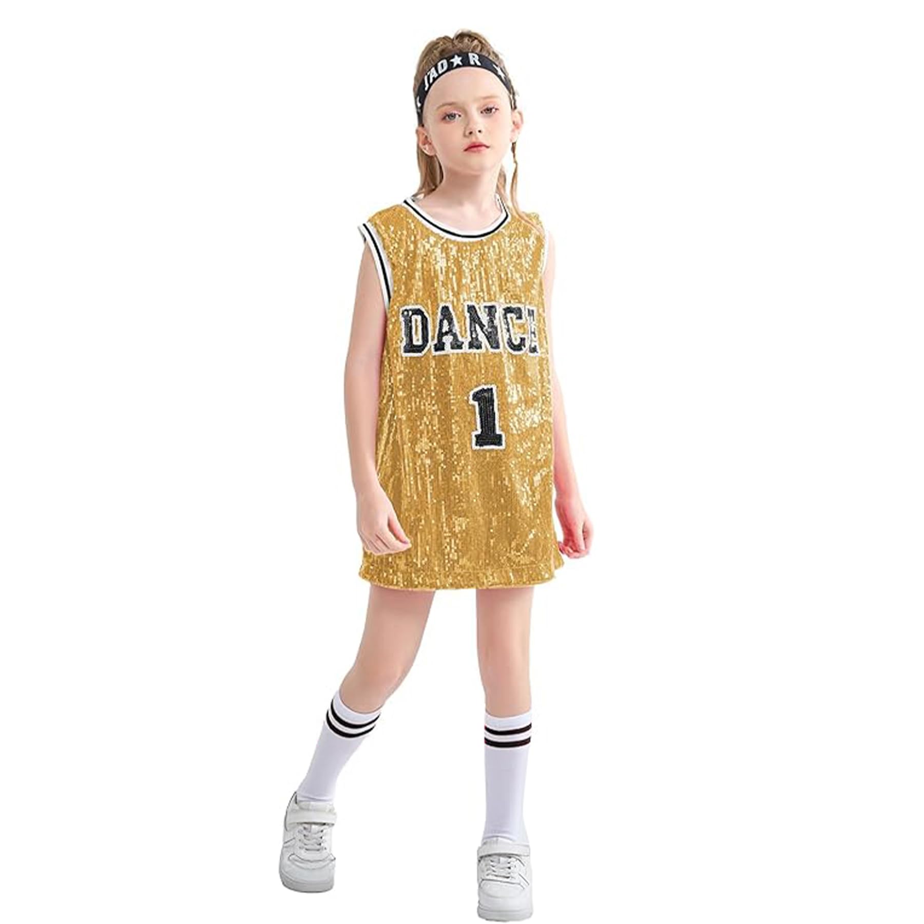 LOLANTA Girls Sequins Dance Costume Hip Hop Dancewear Sparkle Sleeveless Tank Top Dress, Gold,10-11 Years, Tag 150