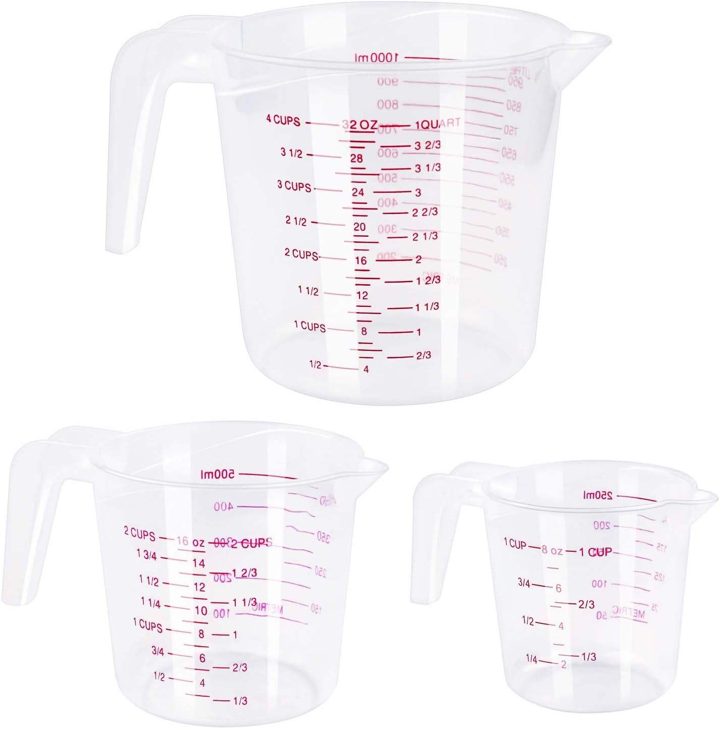 Plastic Measuring Cup Set of 3 BPA-free Stackable Heat-resistant with Angled Grip and Spout Cooking Baking Kitchen Utensil (4/2/1 Cup) (Plastic)