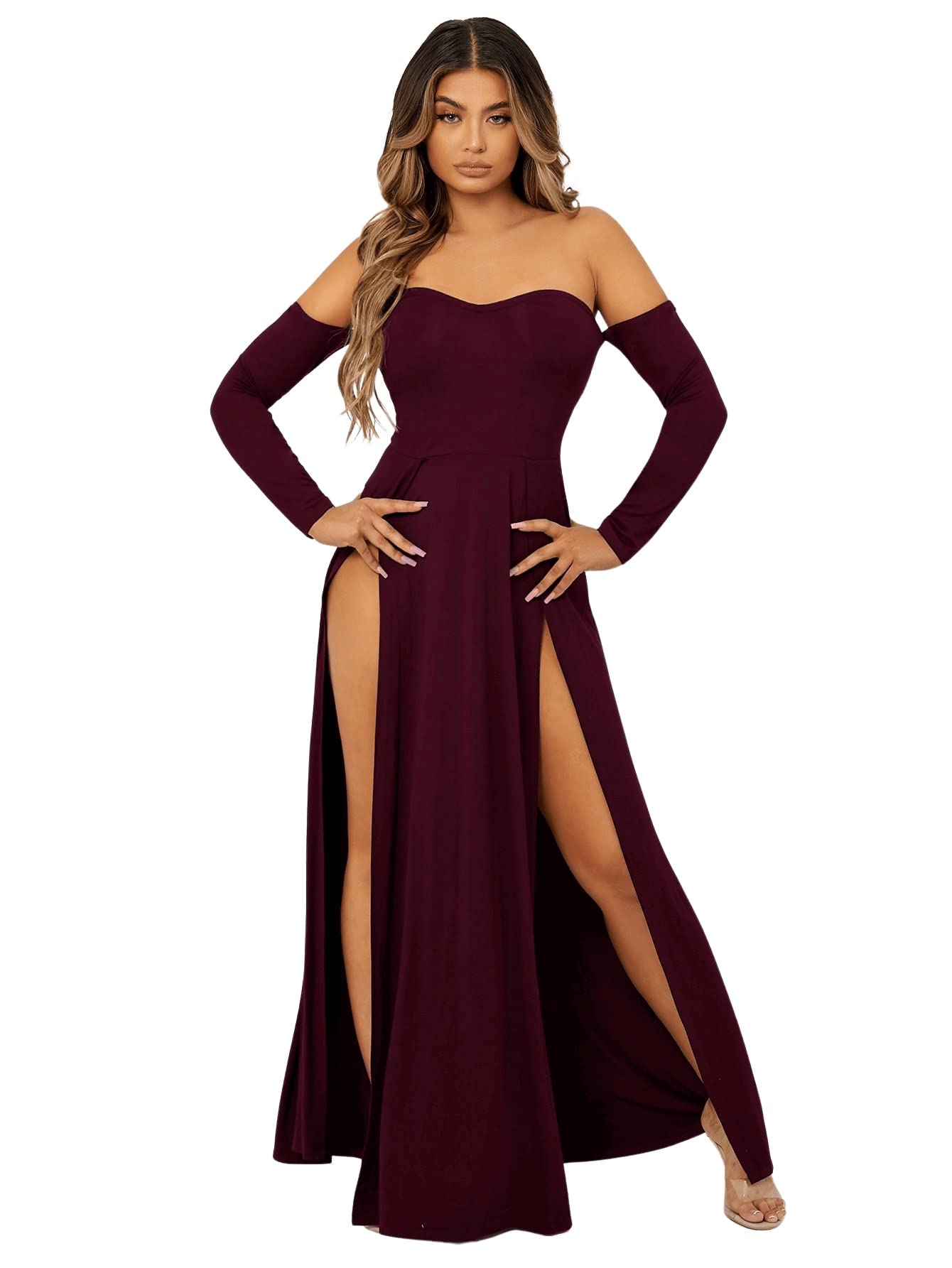 Photo 1 of SweatyRocks Women's Elegant Off Shoulder Double High Slit Long Sleeve Dress A Line Maxi Dresses Maroon L