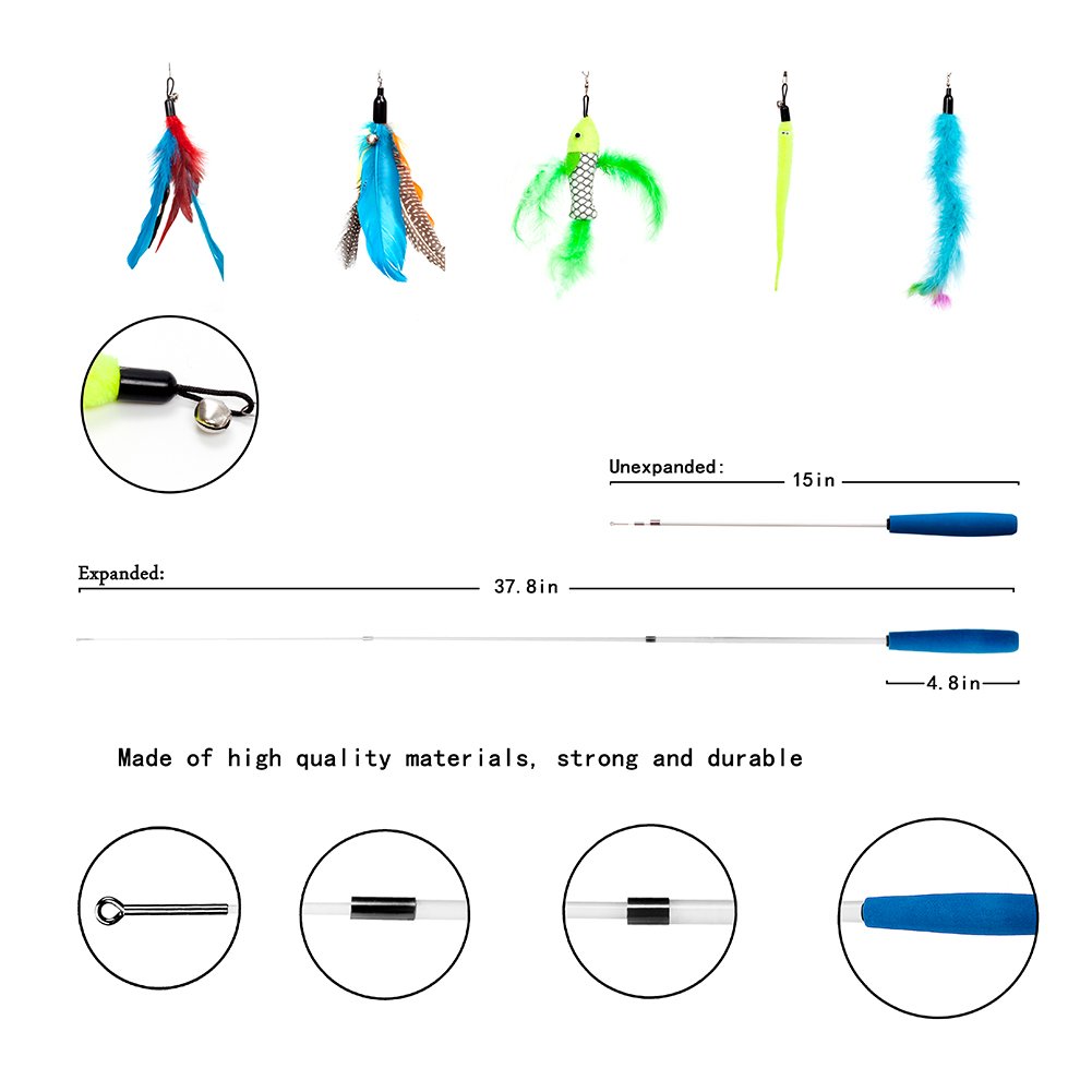 Cat Wand, Interactive Cat Toys Retractable Wand, Cat Feather Toy, Kitten Toys, 1 PCS Yellow Caterpillar Toy, 4 PCS Replacement Natural Feathers Toys, 1 PCS Carbon Fiber Telescopic Cat Teaser Wand