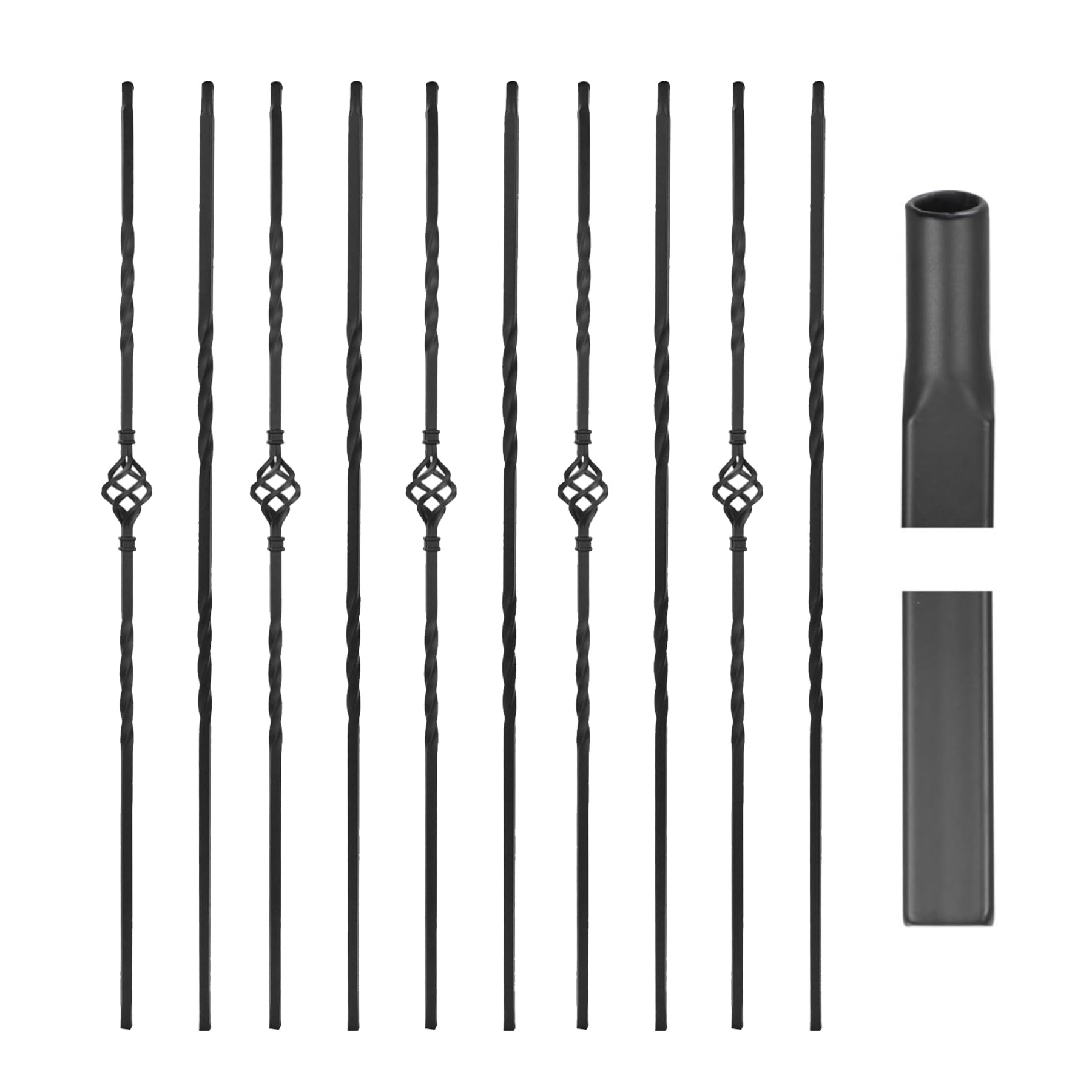 Photo 1 of 10-Pack 44" Iron Balusters for Staircase - Single Basket & Premium Twist Design, Hollow Metal Spindles, Satin Black Finish,1/2" Square Baluster Interior Stair Railings