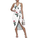 LYANER Women's Boho V Neck Ruched Wrap Slit Hem Sleeveless Spaghetti Strap Midi Bodycon Dress