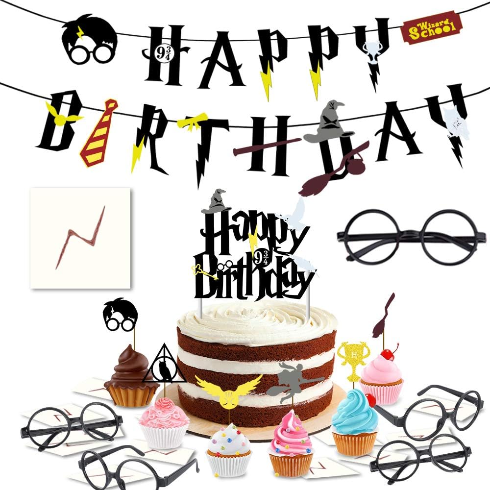 YoHold Wizard Glasses and Tattoos, Cake and Cupcake Toppers, Wizard Birthday Banner for Halloween, Wizard Party Supplies Decorations; 1 Set Banner and Cake Toppers; 16 Pcs Wizard Glasses and lightning bolt tattoos; 30 Pcs Wizard Cupcake Toppers, Black