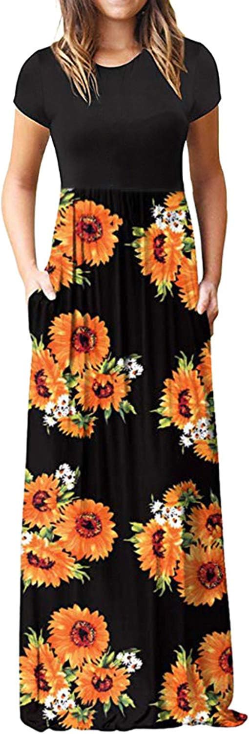 Women's Casual Short Sleeve Maxi Dress V Neck Loose Long Dresses Floral Printed Waist Strip