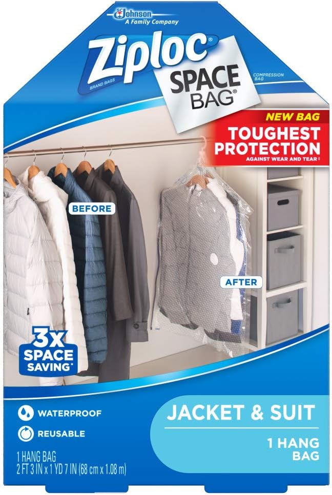 Ziploc Hanging Space Bag Clothes Vacuum Sealer Storage Bags for Home and Closet Organization, 1