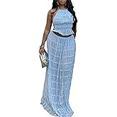 LETSVDO Skirt Sets Women 2 Piece Outfits Backless Halter Top And Pleated Ruffle Flowy Maxi Skirts Y2k Beach Vacation Set