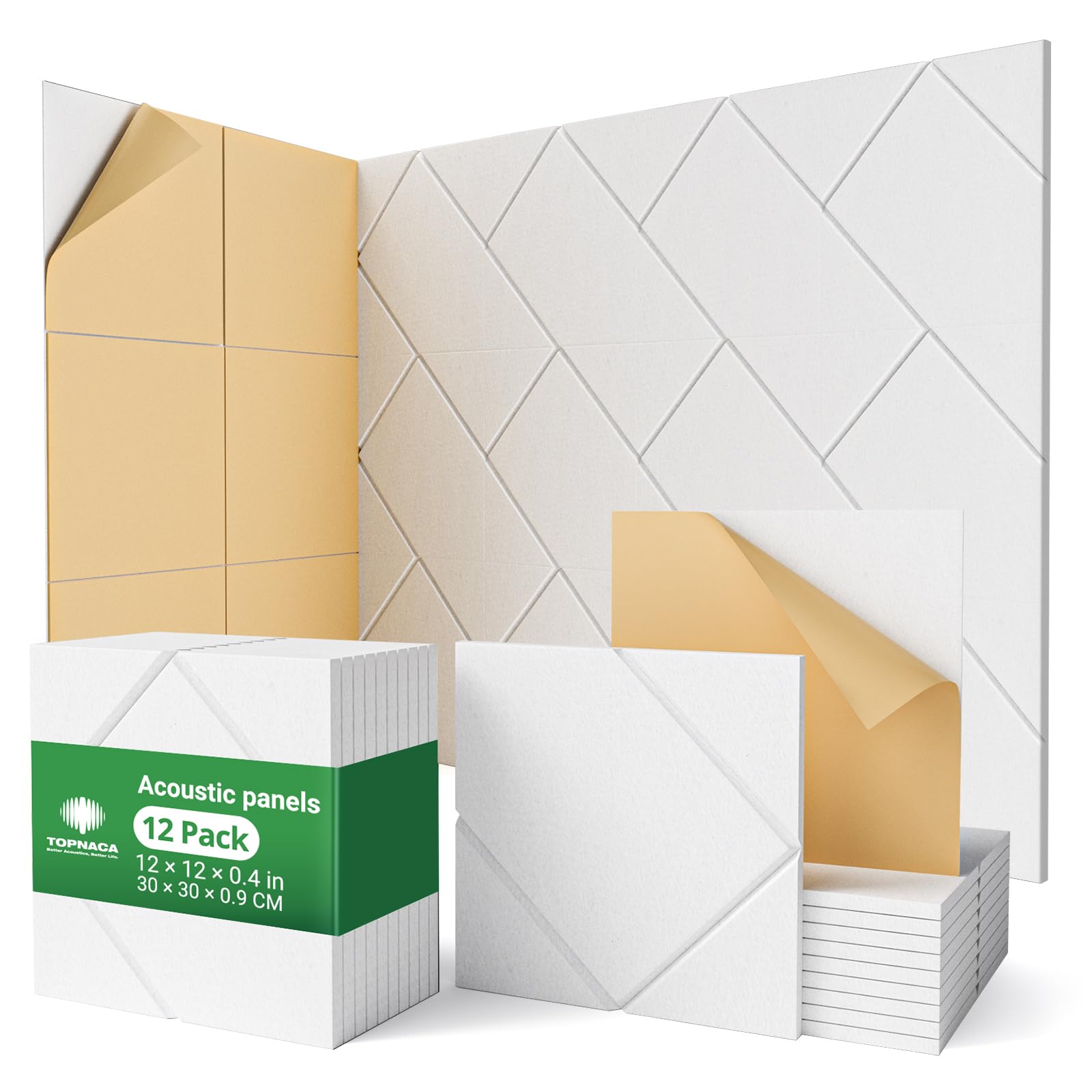 Photo 1 of Topnaca Decorative Acoustic Soundproof Walls Panels for Room, 12 Pack White Self Adhesive Sound Absorbing and Noise Reducing Tiles for Studio, Bedroom, Home Office, Ceiling, Pared, 12"x12"x0.4"