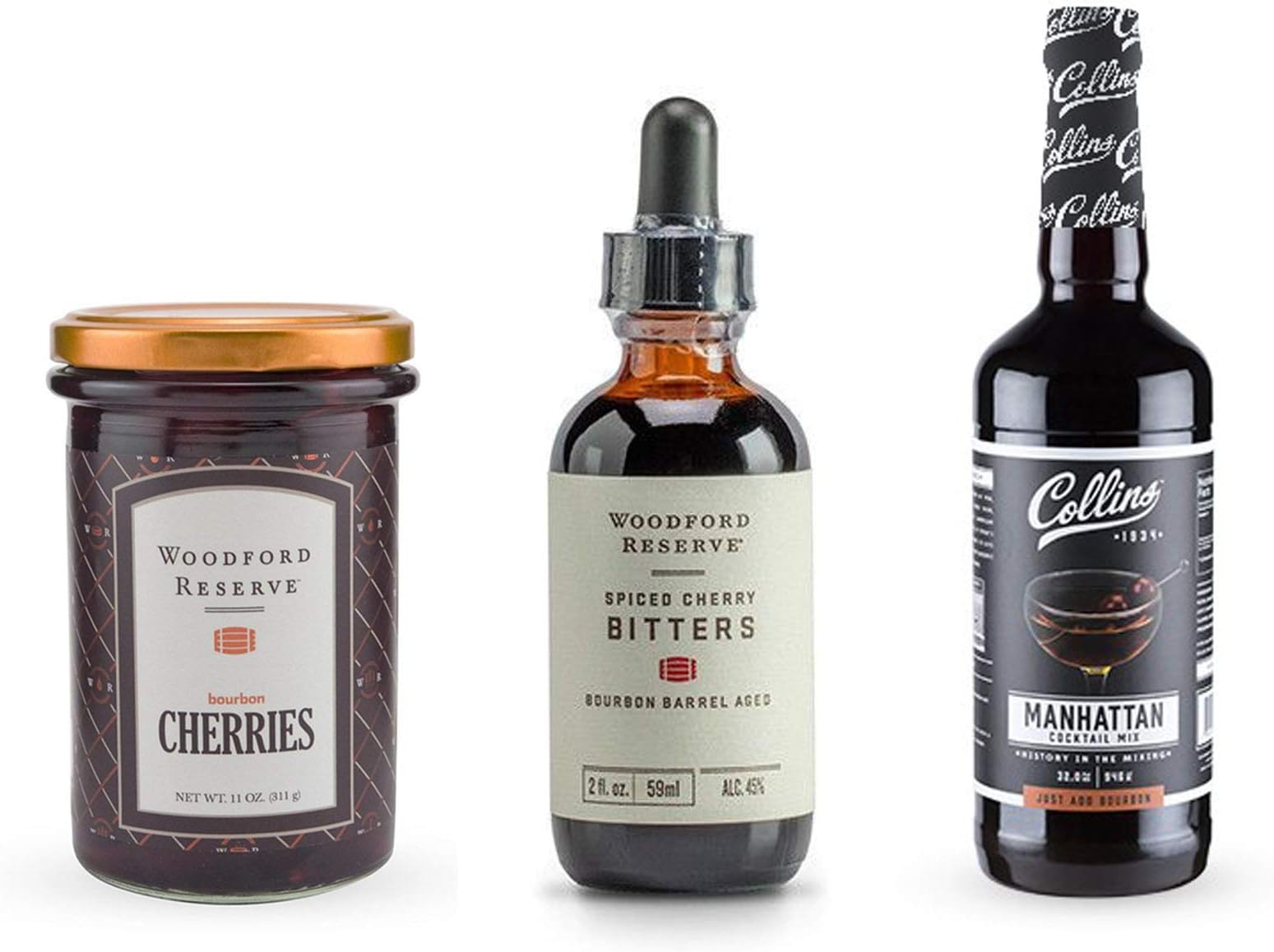 Ultimate Manhattan Mixer Set Includes 32oz Collins Cocktail Mixer, Woodford Bourbon Cherries & Spiced Cherry Bitter