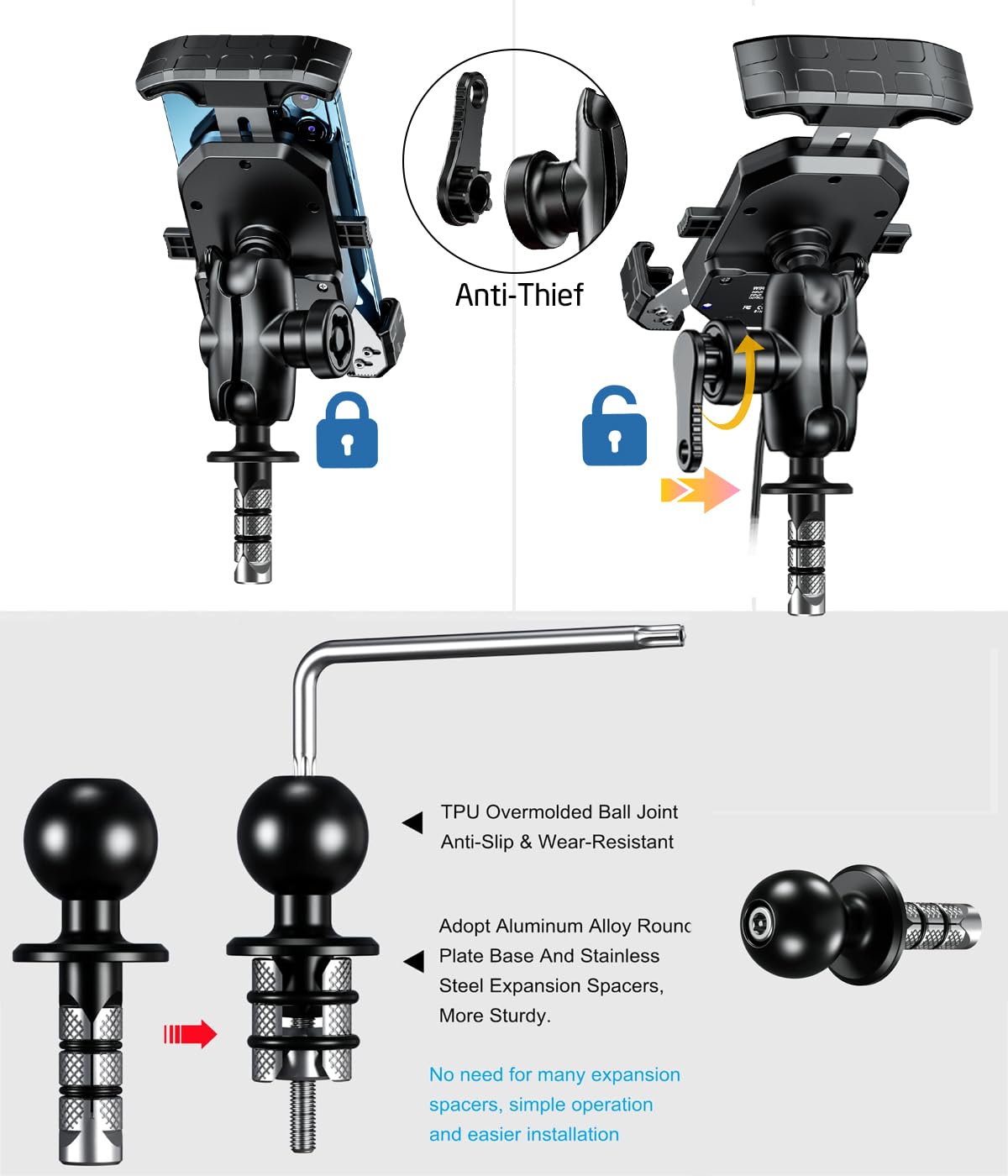 iMESTOU Motorcycle Fork Stem Phone Mount Wireless/USB C Charger with RAM 1