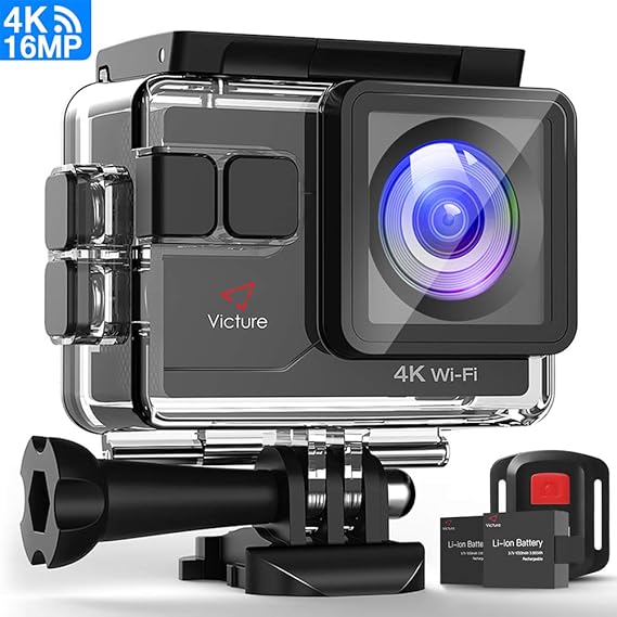 Victure Cámara Deportiva 4K Wi-Fi 16MP Camara Acuática Camaras Acción Sumergible de 40M Multifuncional EIS Lapso de Tiempo Cámara Lenta con Control Remoto Micrófono Externo 2 Baterías y Varios Kits