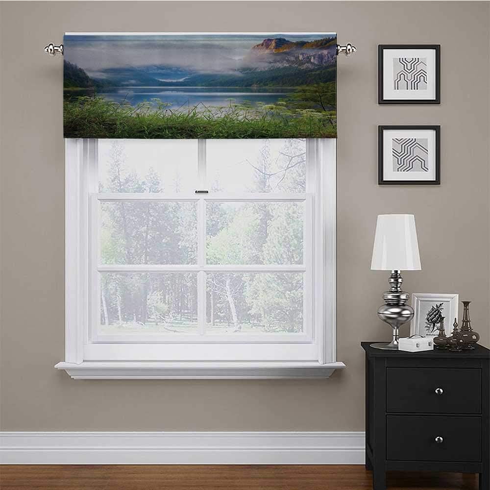 Valance Curtain Alps Mountain Foggy Lake in Floral Meadow Adventure Pastoral Climbing Picture Printed Window Curtains Valance Elegant Atmosphere Brightens The Room Blue Fern Green 42 x 18 Inch