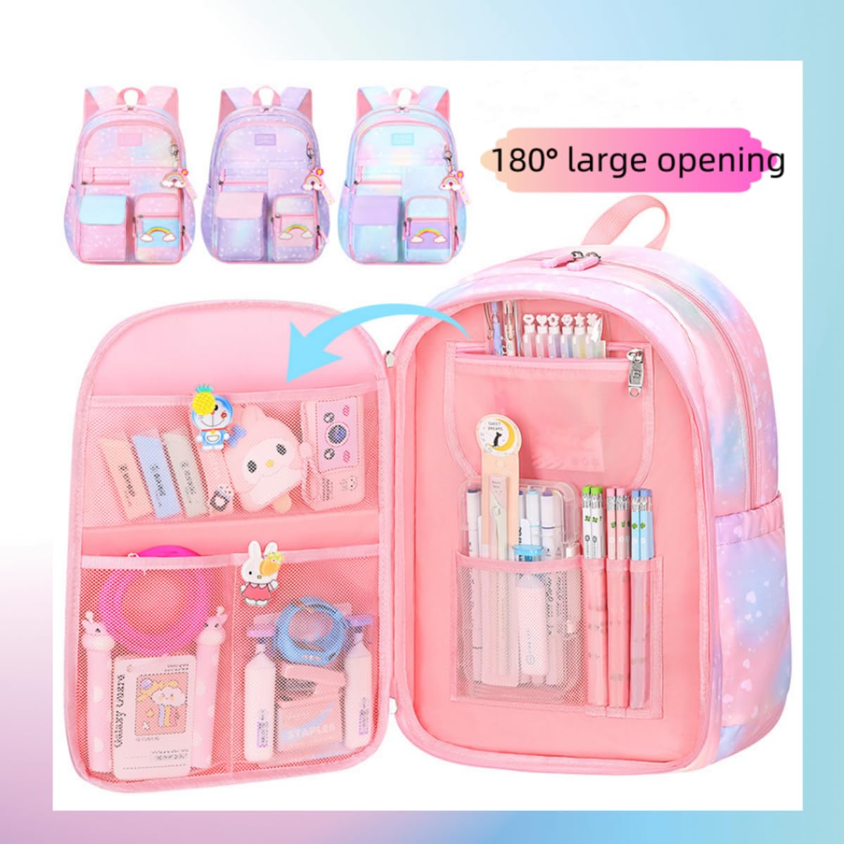 Girls Backpack, School Backpacks Rainbow,Kawaii Kids Backpack,Book Bag for Elementary Primary School With Pen Bag