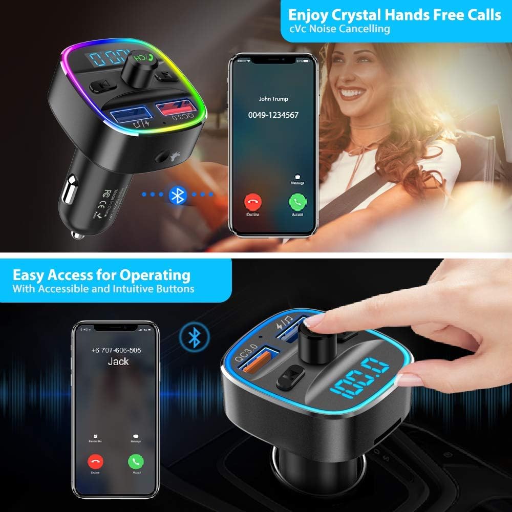 Nulaxy Bluetooth FM Transmitter for Car, QC3.0 & 7 Colors LED Backlit Car Radio Bluetooth Adapter Music Player Hands Free Car Kit with SD Card Slot, Supports USB Flash Drive - NX10 (Black): Electronics