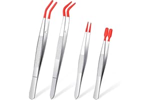 GGSTDDUP 4 Pieces Tweezers with Rubber Tips Tweezers PVC Coated Tweezers Set, Rubber Straight Tip Tweezers Rubber Flat Tip Tweezer Long Bent Tweezers for Crafts Stamps Beads Jewelry Tools