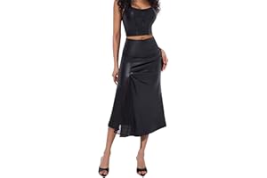 Women's Midi Leather Skirt with Mesh A-line High Waisted Ruched Pleats Side Slit Zip Back Bodycon Skirts