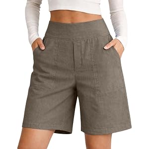 Gumipy Womens Bermuda Shorts Tummy Control Elastic Waist Linen Yoga Shorts Comfy Lightweight Travel Beach Summer Short Pants