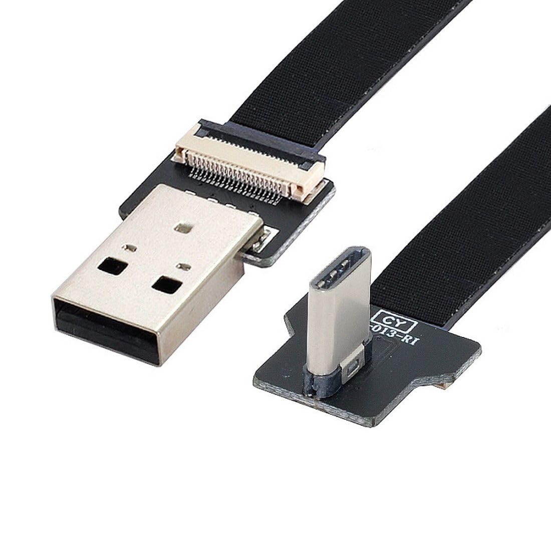 ChenYang CY Type-A USB 2.0 Male to Type-C USB-C Male Left Right Angled 90 Degree Data Flat Slim FPC Cable 20CM for FPV & Disk & Phone