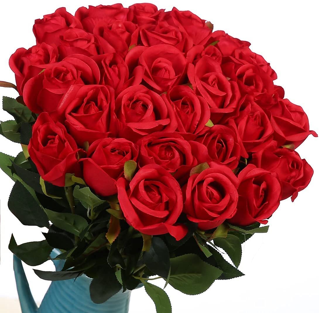 Veryhome 10 Pieces Artificial Roses Silk Flowers Fake Floral Bouquets for Wedding Decoration Home Birthday Party Decoration Garden Decor (Red - Roses in Button)