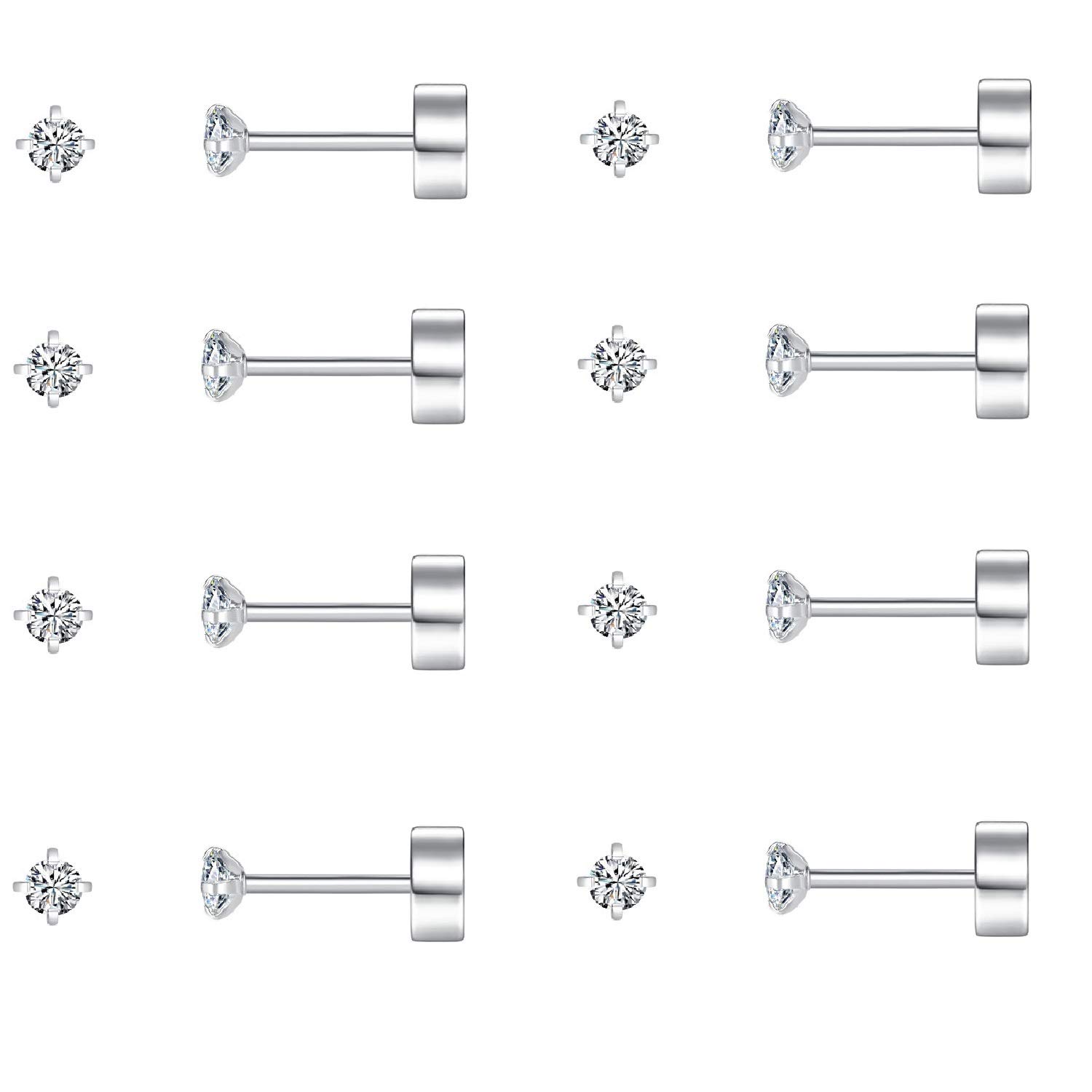 FOSIR 8 Pairs 4mm Tiny Flat Back Earrings for Women Men Surgical Stainless Steel Stud Earrings Cubic Zirconia Cartilage Earring Hypoallergenic (Silver, 4mm CZ)