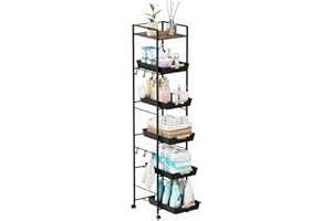 6 Tier Shelving Unit Storage Cart with Pull-Out Baskets Metal Rack Storage Shelf with Wheels Wood Top Rolling Utility Cart fo