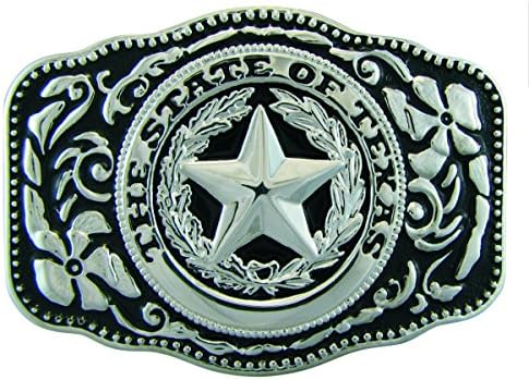 Texas State Seal Belt Buckle, Standard Size, Silvertone with Black accents, Rectangular
