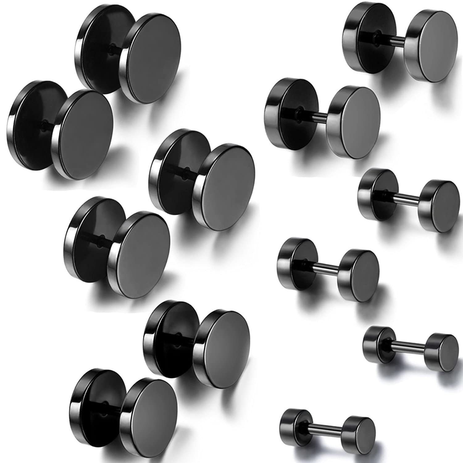 Aroncent 6 Pairs Stainless Steel Black Stud Earrings for Men Women Faux Plug Fake Gauge Earrings Stud Earrings Set