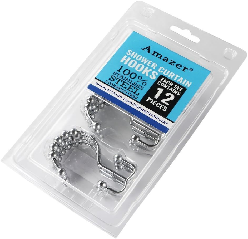 Amazer Shower Curtain Hooks Rings, Stainless Steel Shower Curtain Rings Metal Double Glide Shower Hooks for Bathroom Shower Rods Curtains, Polished Chrome, Set of 12 Hooks: Home & Kitchen