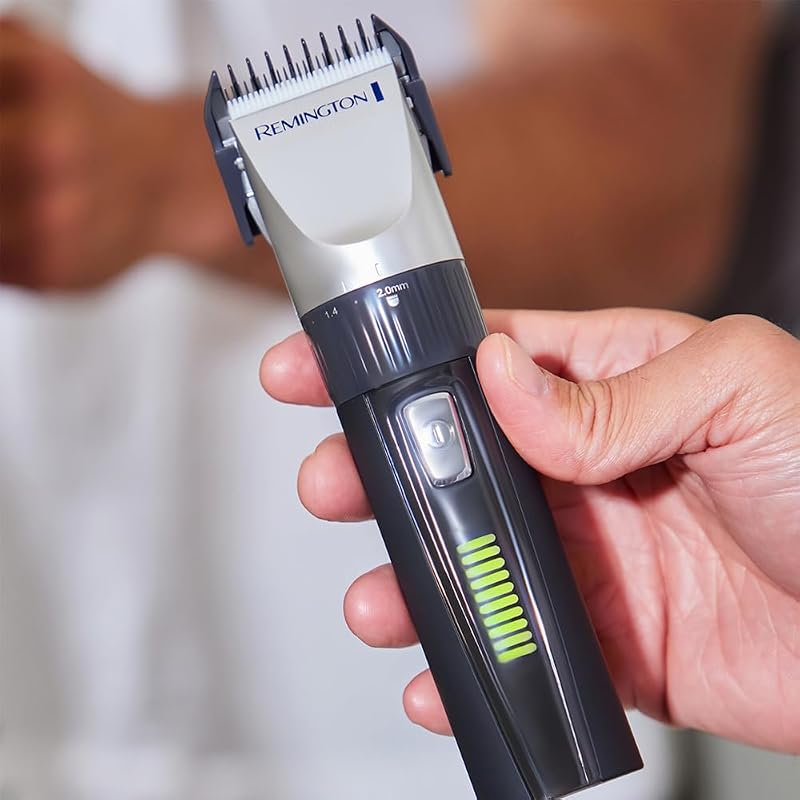 Máquina de cortar cabelo remington genius, máquina de cortar cabelo com e sem fio, lâminas de cerâmica, 10 pentes, seleção de corte precisa, autonomia de 50 min, indicador de carga led, pasta, preto - hc5811