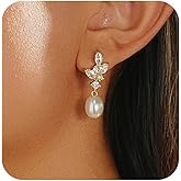 Pearl Earrings for Women Trendy, Dainty 14K Gold Plated CZ Pearl Drop Earrings Cute Dangle Earring Wedding Prom Jewelry Bridal Gifts for Her