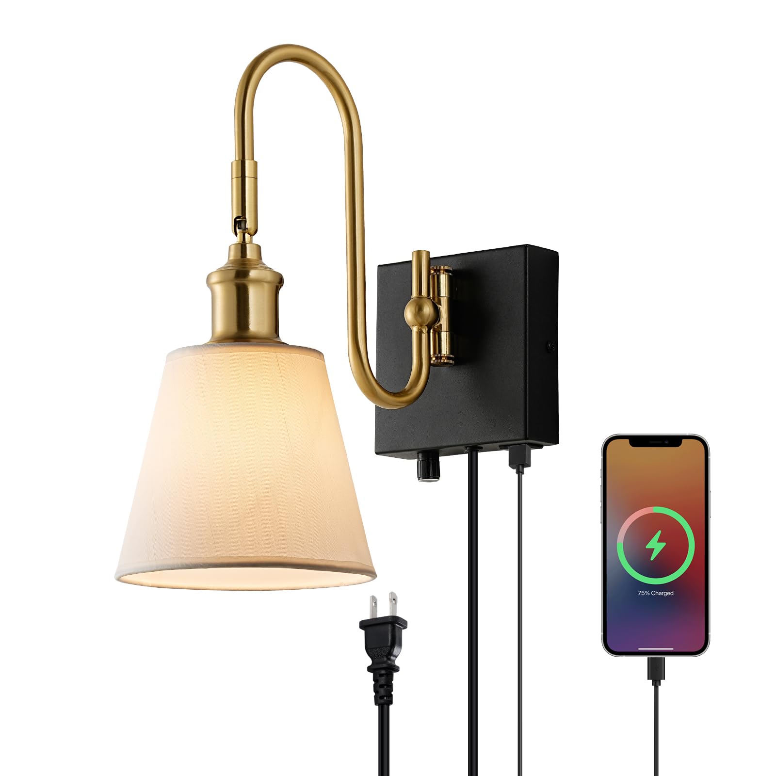 Photo 1 of HELVAK Modern Plug in Wall Sconces, Plated Brass Bedroom Wall Lights with Dimmable Switch and USB Port, White Fabric Shade, Black