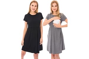Bearsland Women's Short Sleeves Maternity Dress Nursing Breastfeeding Dresses with Pockets