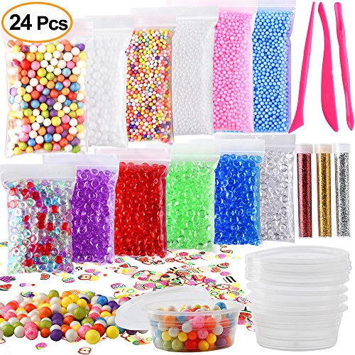 Kuuqa 24 Pack Slime Making Kit Supplies Including Micro Foam Beads Styrofoam Balls Fishbowl Beads Confetti Fruit Slices Slime Tools for DIY Craft