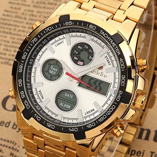 JSDDE Montre Doré Montre Homme Etanche Bracelet en Acier Calendrier Chronomètre 3ATM Montre Multifonction Sport Grand Cardan