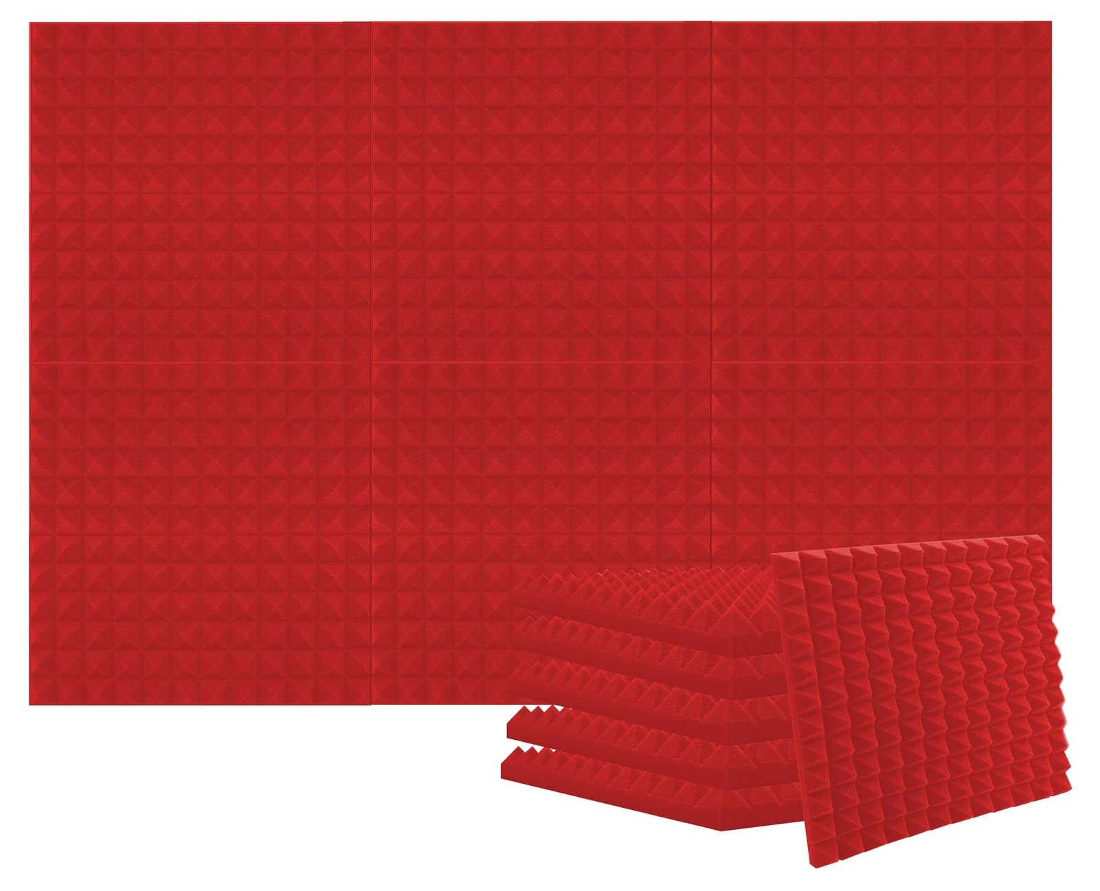 Heavyoff 12 Pack Acoustic Foam Panels Wedges Fireproof Soundproof Noise Cancelling Foam Studio Wall Tiles for Recording Red, 12"x12"x1"