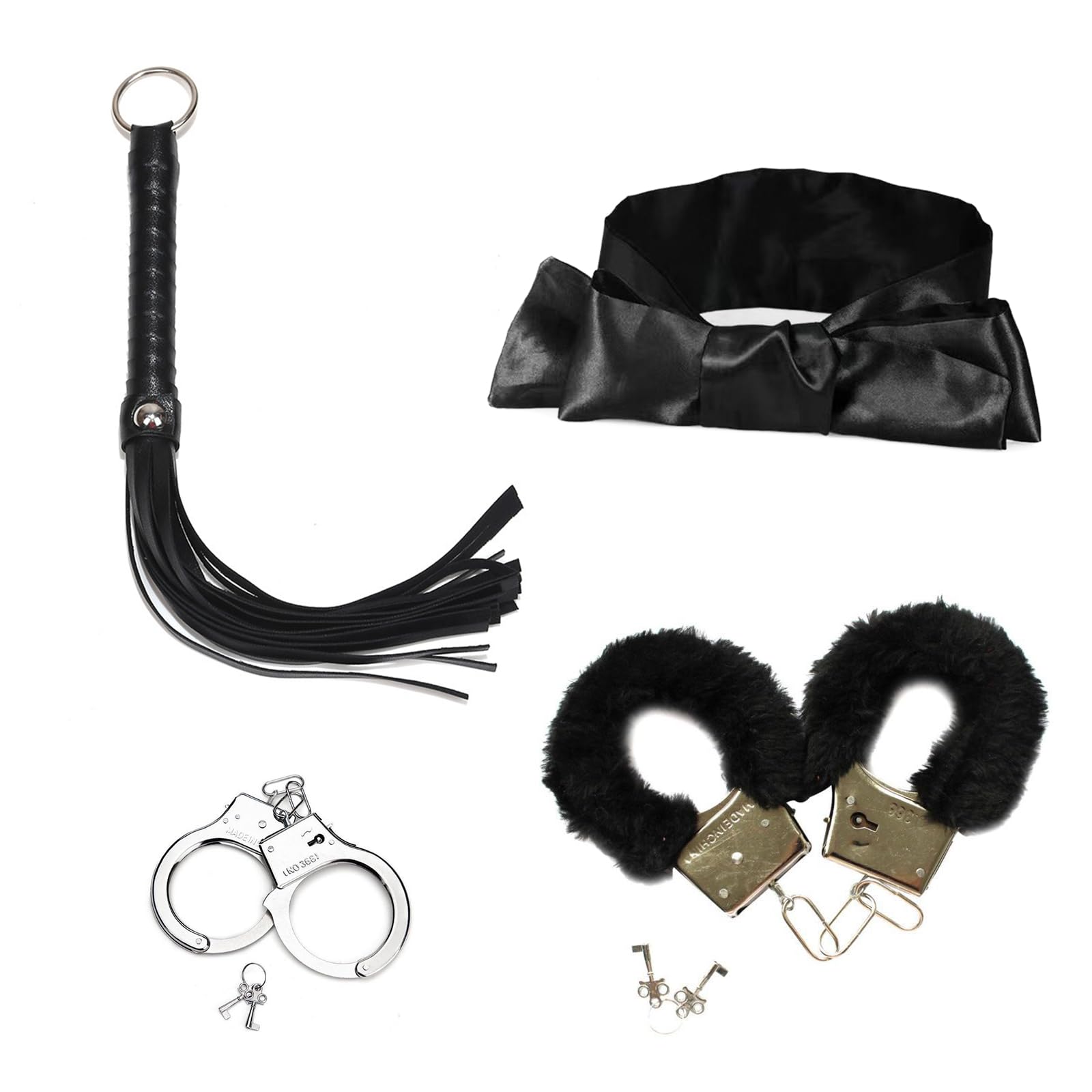 Leather Riding Crop and Satin Eye Mask, Metal Handcuff with 2 Keys Set, Multifunctional Whip Prop, Non Slip Floggers, General Tassel Whip for Equestrian Performances, Stage Acts, Cosplay Costume