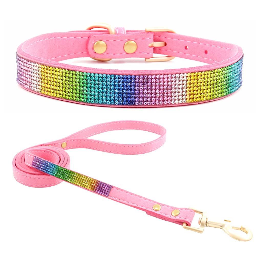 haoyueer Cute Dazzling Sparkling Elegant Fancy Soft Suede Leather Bling Rhinestone Crystal Jeweled Pet Cat Dog Puppy Collar Dog Leash Combo Set (L, Pink-2)