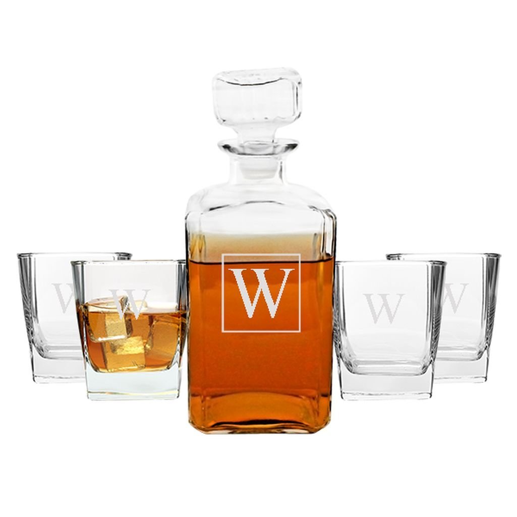 Glass Whiskey Decanter and Glasses / 5-Piece Set / Monogram Initial / Engraved / Decanter 9 x 3.5 / 34-oz / Clear Glass / Housewarming Gift / Groomsman Gift / Bulk Discounts Available