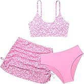 QJQ Girl's 3 Piece Floral Swimsuit Cute V Neck Bikini Set High Waisted Bathing Suit Sheer Mesh Cover Up Skirt