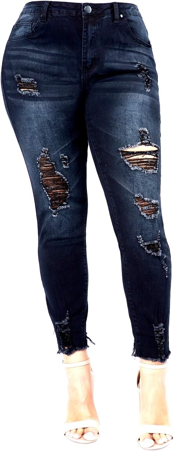 1826 JEANS /Jack David Jack David/Wax Jeans L,Square Womens Plus Size Stretch Distressed Ripped Blue Skinny Denim Jeans