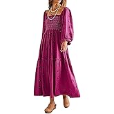 Willow Dance Women Casual Bohemian Floral Dress Square Neck Ruffle Swing A Line Long Sleeve Beach Maxi Dress with Pockets
