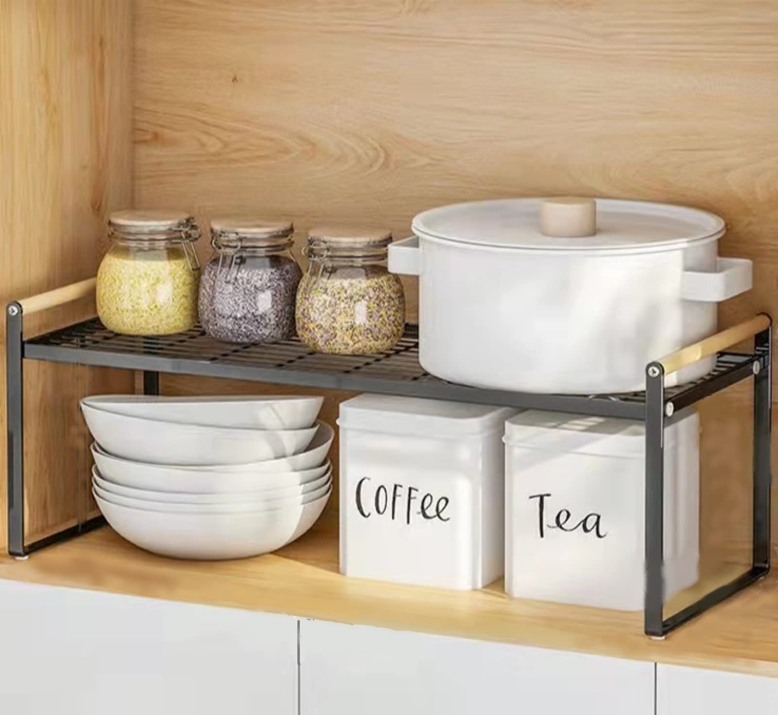 HGYZE Kitchen Cabinet Shelf 51(l) X21cm Tabletop Storage, Sturdy Cupboard Stand Pantry Organizer, Add Storage Space to the Bedroom Bathroom Office Counter, Stackable Spice Rack, Black Metal Shelf