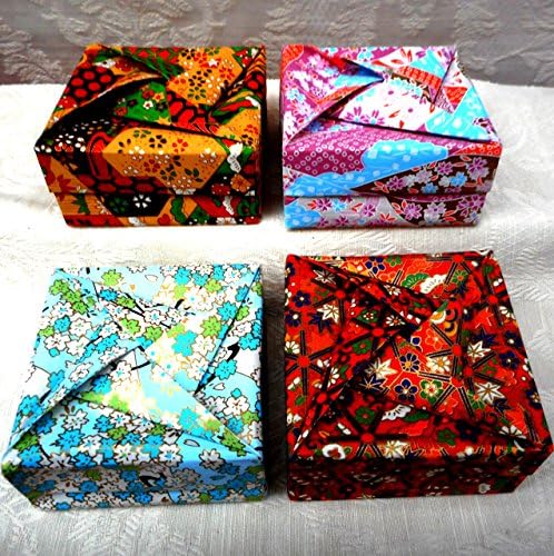 Hand Folded Origami Jewelry Gift Boxes, Set of 4 Different Chiyogami Yuzen Washi Japanese Paper (Blue Pink Red Yellow)