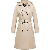 Garemcy Women's Long Waterproof Trench Coat Double Breasted Classic Lapel Coat Belted with Detachable Hood