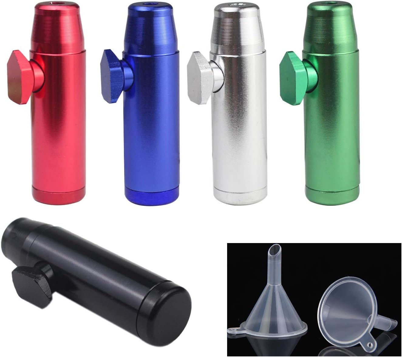 WeiMeet 5 Pieces Metal Snuff Twist Bullet Snorter Rocket Sniff with 5 Different Colors 2 Pieces Free Funnels