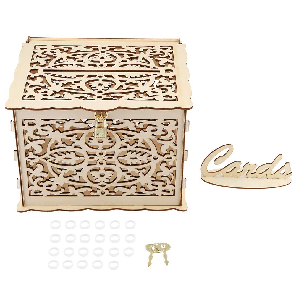 AUNMAS Rustic Wedding Card Box, 25 x 20 x 18.3cm Wedding Card Box Wooden Wedding Card Post Money Vintage Box with Lock Keys for Birthday Wedding Receptions Baby Shower Party Collection
