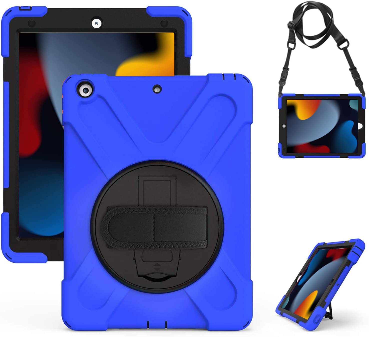 Gerutek for iPad 9th/8th/7th Generation Case, 10.2 inch Heavy Duty Shockproof Kids friendly Case with Pen Holder,360 Rotatable Stand/Hand/Shoulder Strap Rugged,Blue