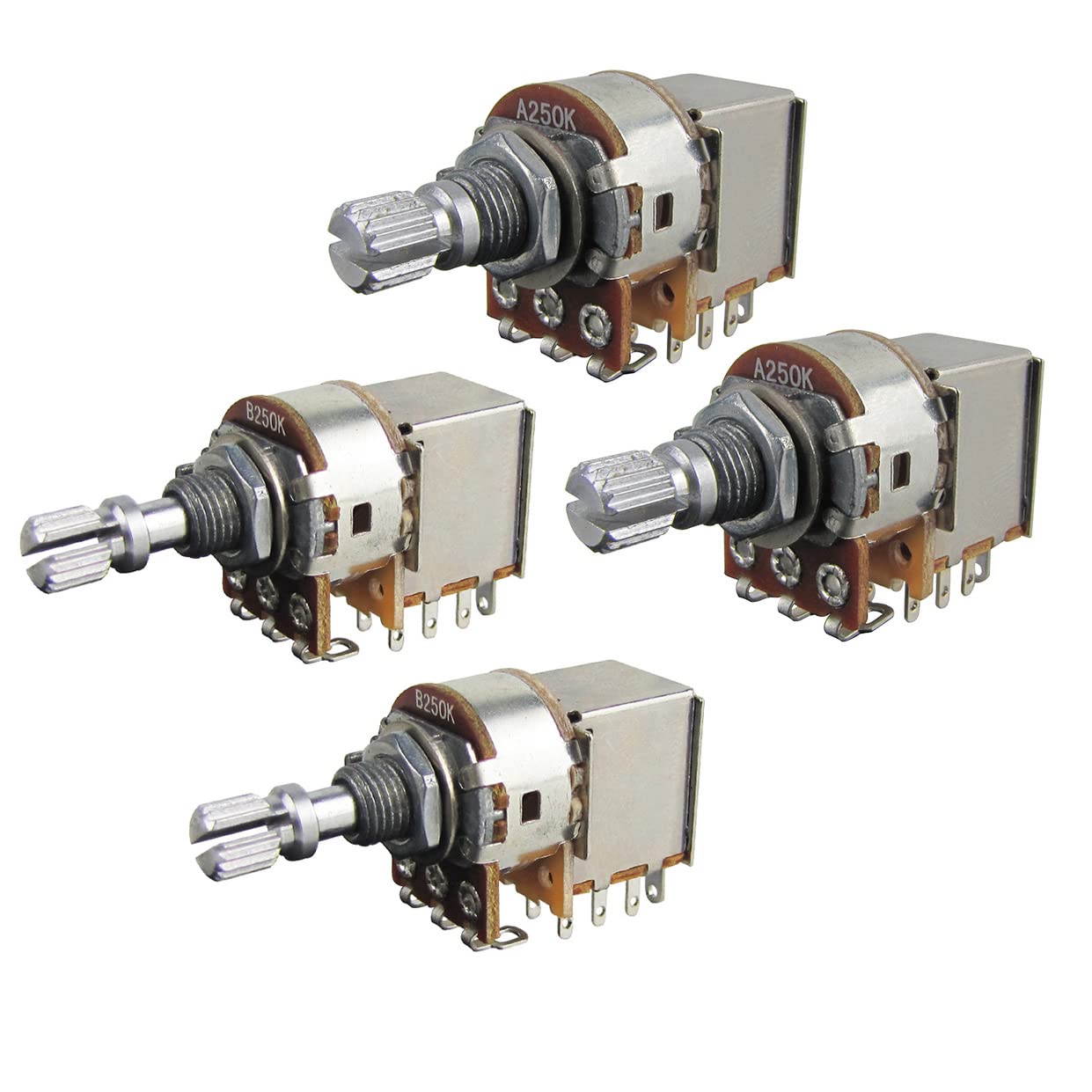 FLEOR A250K+B250K Potentiometers Set Push Pull Control Pot Short Split Knurled Shaft 15mm for Guitar Bass Volume or Tone Control (Set of 2A2B)